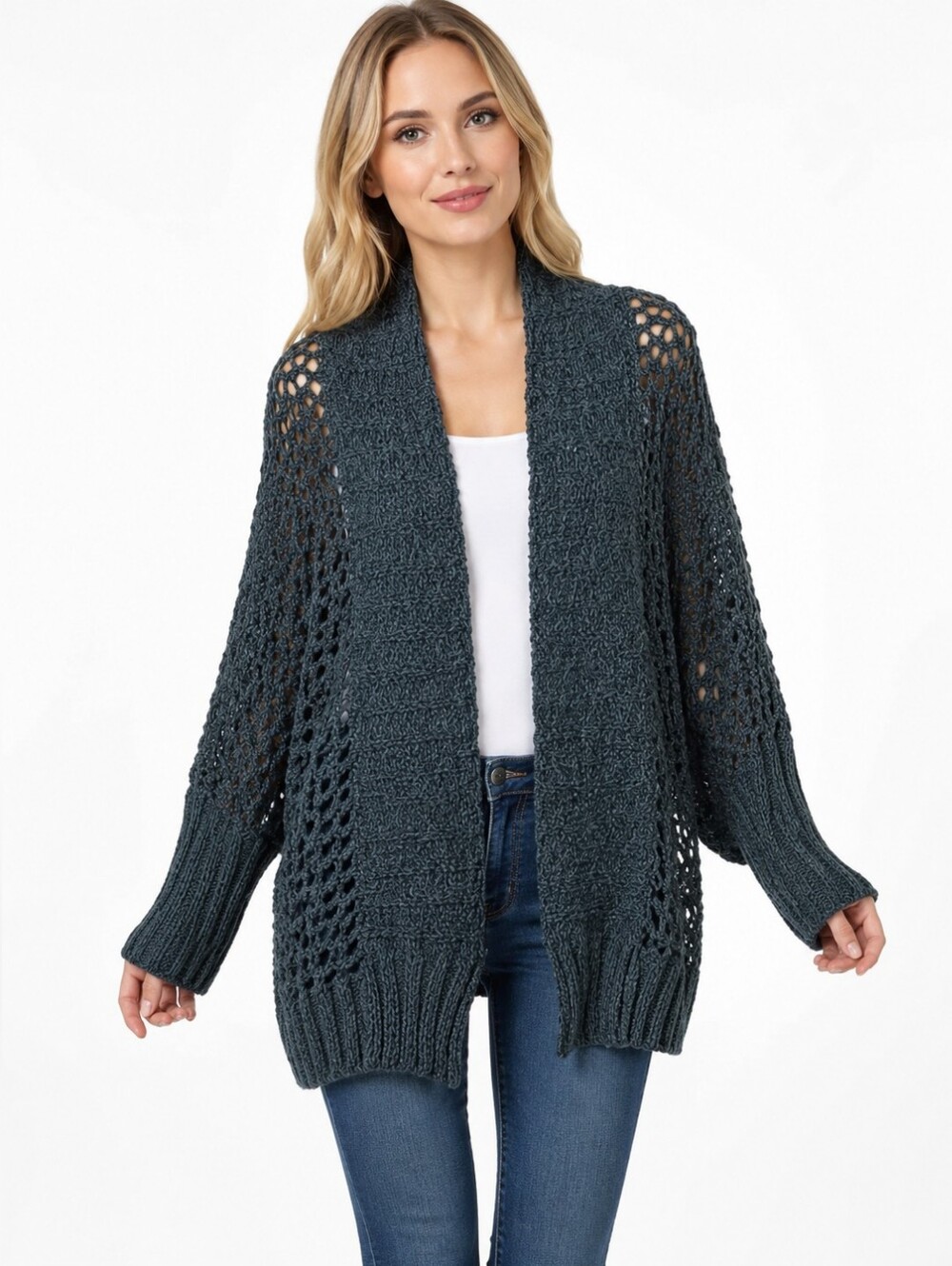 NWT Simply Noelle Women's Flip to Wear Long/Short Green Crochet Knit Cardigan OS